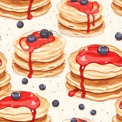 Illustration of stacks of pancakes with blue berries, Seamless and repeatable image, cafe theme, cute, on white background, pattern, wallpaper banner