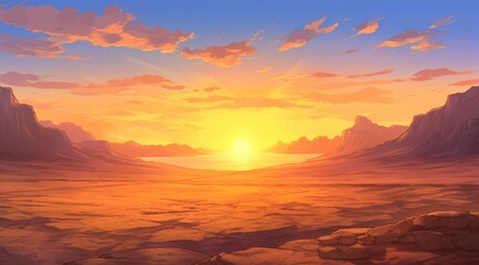 Sunset over a serene desert with majestic cliffs and vibrant sky - obrazy, fototapety, plakaty