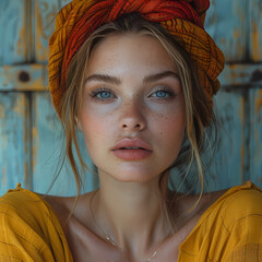 Beautiful young blue-eyed girl with a scarf on his head; Blond; Brunette;