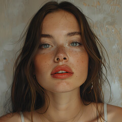 A beautiful green-eyed brunette with a nose piercing; Freckled woman;Freckles;