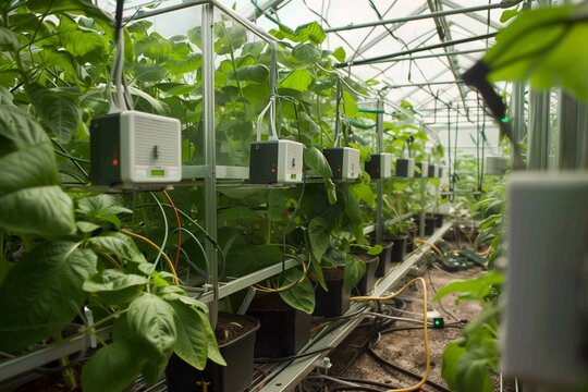 A greenhouse with integrated sensor networks and actuators for automated climate control and ventilation.