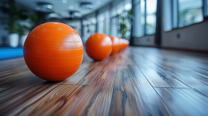 Close up of orange fitness ball on wooden floor in the gym.
