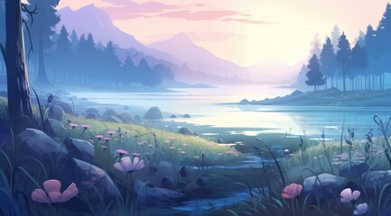 Serene meadow with misty mountain backdrop at dawn, reflecting nature’s calm - obrazy, fototapety, plakaty