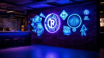An electric blue neon sign depicting various cryptocurrency symbols, installed in a tech hub, symbolizing the cuttingedge nature of digital finance