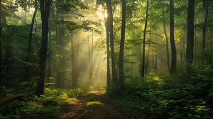 Sunlit forest trail - obrazy, fototapety, plakaty