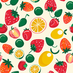 A colorful fruit pattern with strawberries, oranges, and other fruits
