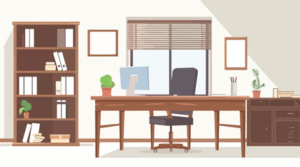 Office workplace with table bookcase window. Business