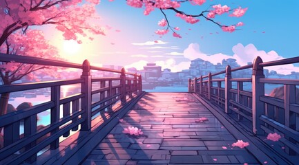 Wooden bridge amidst cherry blossoms at sunset, evoking serene springtime
