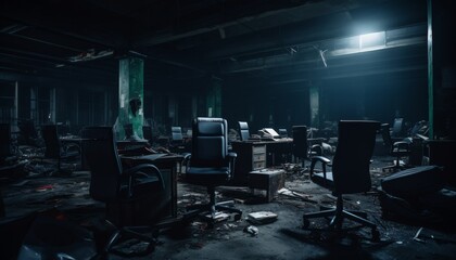 An abandoned office with scattered chairs and desks, under dim light, symbolizing the sudden and quiet cessation of daily operations following a business closure - obrazy, fototapety, plakaty