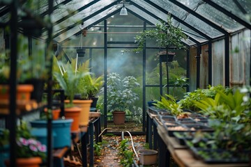 A greenhouse equipped with climate control technology, maintaining optimal temperature and humidity levels for plant growth.