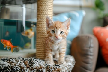 Red cat in the house. A cat on the background of home comfort.