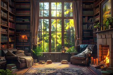 A cozy reading nook with a large window.
