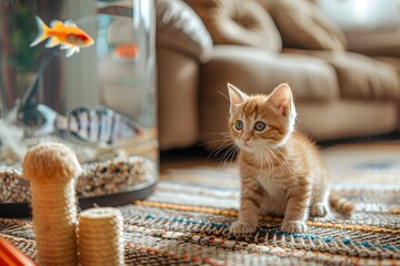 Red cat in the house. A cat on the background of home comfort.