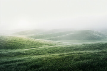 The ethereal beauty of a misty morning in a peaceful meadow, with soft fog blanketing the grassy landscape.  - obrazy, fototapety, plakaty