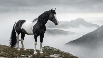 a beautiful full length horse running in the mountains with a lot of fog