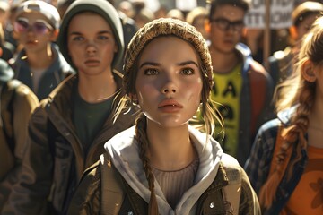 Defiant young urban woman stands out among group of diverse teenagers.