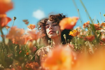 A girl in a field with flowers.