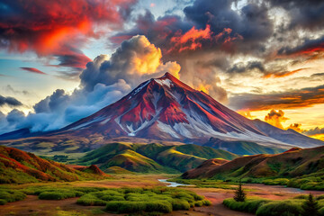 Mountains with a red peak in the distance and a few clouds. Epic beautiful landscape. - obrazy, fototapety, plakaty