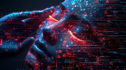 Cyborg hand touching human body, cyber security concept. 3D Rendering