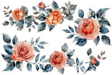 Watercolor rose clipart in various color and angle. flowers frame,botanical border. ai generated