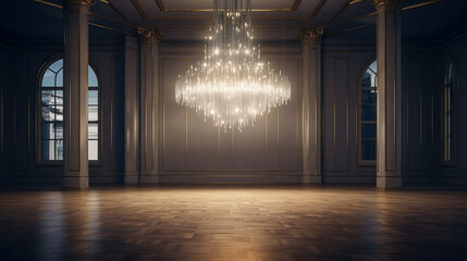 A sleek, modern chandelier suspended from the ceiling of an empty, elegant room, its crystals catching the light.