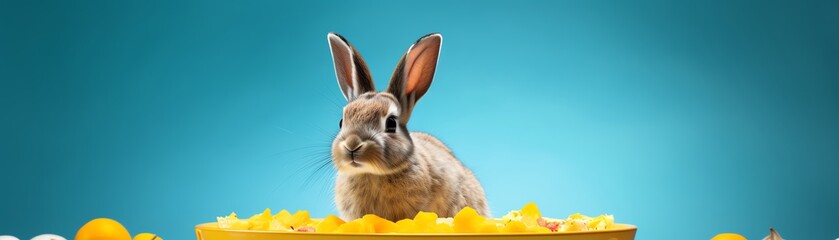 Obraz premium A cute bunny sits in a bowl of yellow food on a blue background.