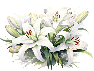 Fototapeta premium Illustration bouquet of white lilies flowers on white background 
