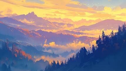 The bright saturated colors of dawn over the sea of ​​​​fog over the Carpathian peaks are an extraordinarily beautiful panorama, illuminated by the golden rays of the morning sunrise  - obrazy, fototapety, plakaty
