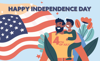 July 4th illustration. Happy independence day of USA, ,American flag waving, happy father and son hug, family celebrate us national holidays.