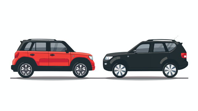 Red ompact city car and black suv car. Vector flat illustration