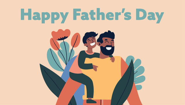 Father with son. Happy Father's Day congratulations card. Greeting June holiday poster, banner for sale promotion, marketing, advertising, celebration gift illustration. Flat style. - Powered by Adobe