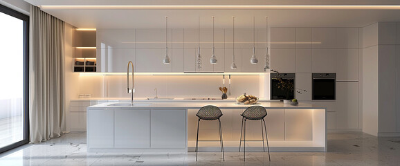 A sleek kitchen with glossy white cabinets and a waterfall island, bathed in the glow of pendant lights.