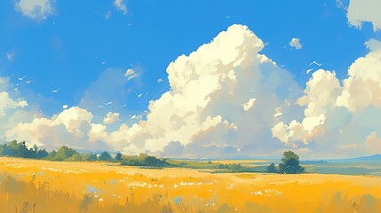 Time-lapse white clouds flying on blue sky over yellow field  ,Generative ai, 