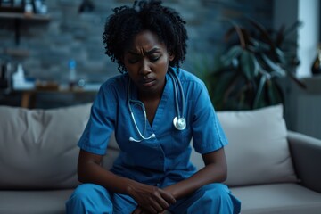 Woman nurse or female doctor sitting in hospital on the floor, black girl tired and sad, depression and emotional burnout concept, AI generated - obrazy, fototapety, plakaty