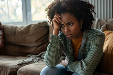 Black young adult woman suffering from depression, sad girl crying and experiencing loneliness, depression and social isolation concept, AI generated - Powered by Adobe