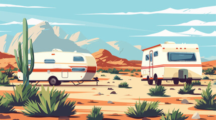 Retro camper car trailers caravan. Desert landscape.