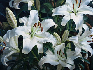 Close up of bouquet of white beautiful lilies flowers 