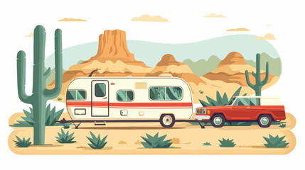 Retro camper car trailers caravan. Desert landscape.