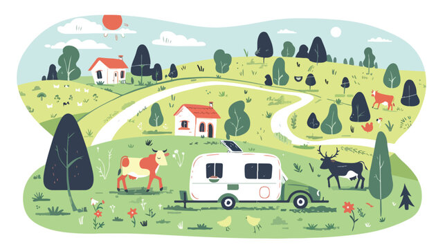 Retro camper car trailers caravan. Summer landscape white