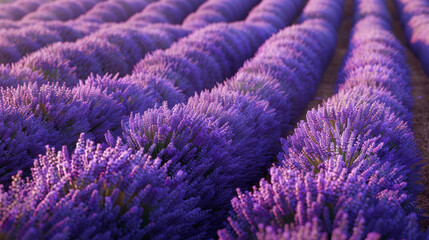 A field of lavender in full bloom, with rows of fragrant purple flowers swaying gently in the warm breeze, creating a serene and picturesque scene reminiscent of a Provencal countryside. - Powered by Adobe
