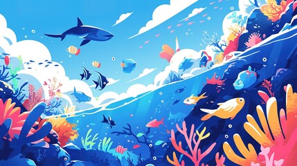 Underwater landscape, manta and fish shoal, corals and seaweeds, vector sea or ocean undersea background. Deep water or underwater landscape with marine blue scene silhouette of manta ray and fishes - obrazy, fototapety, plakaty