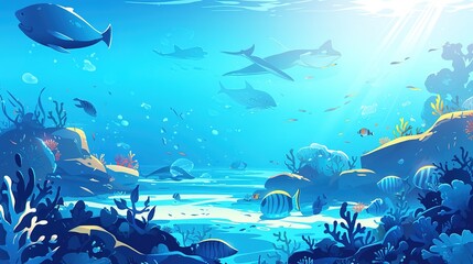 Fototapeta na wymiar Underwater landscape, manta and fish shoal, corals and seaweeds, vector sea or ocean undersea background. Deep water or underwater landscape with marine blue scene silhouette of manta ray and fishes