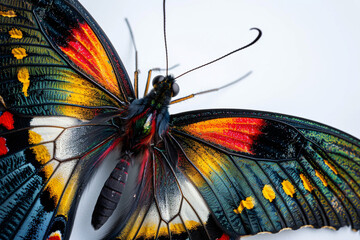 A close-up shot of a vibrant butterfly emblem, its multicolored wings spread wide against a...