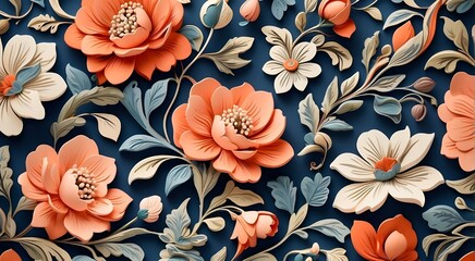 Perfect for wallpaper or textile prints in traditional or ethnic styles, this lovely floral pattern is reminiscent of old-fashioned tile motifs. - obrazy, fototapety, plakaty