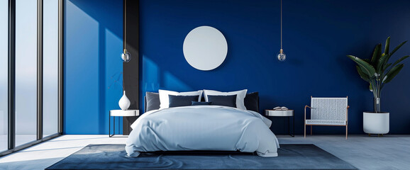 A sleek, contemporary bedroom with a dramatic, sapphire blue accent wall and minimalist furnishings, creating a vibrant yet tranquil retreat with copy space.