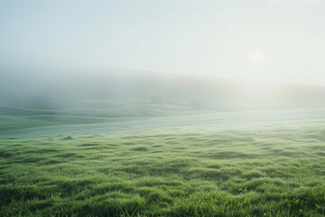 The ethereal beauty of a misty morning in a peaceful meadow, with soft fog blanketing the grassy landscape. 