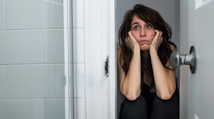 Stressed woman sitting on the toilet and suffering from digestive problems. The concept of abdominal pain, intestinal disorders.