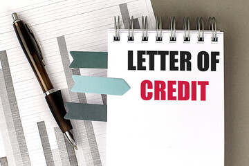 LETTER OF CREDIT text sticky on dairy on gray background
