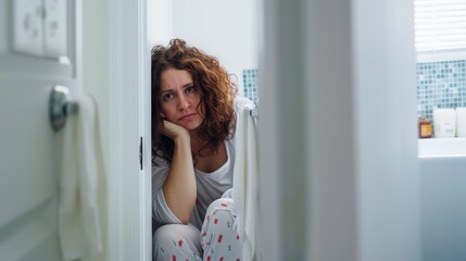 Stressed woman sitting on the toilet and suffering from digestive problems. The concept of abdominal pain, intestinal disorders.