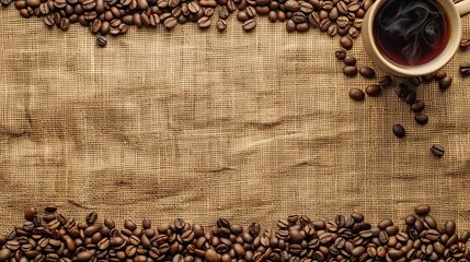 A cup of coffee and a coffee beans on a canvas in top view, with copy space.